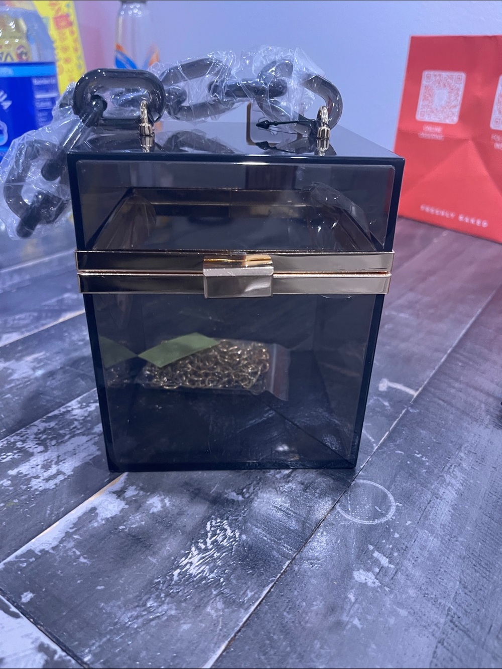 Transparent Black Box Evening Bag with Gold Trim